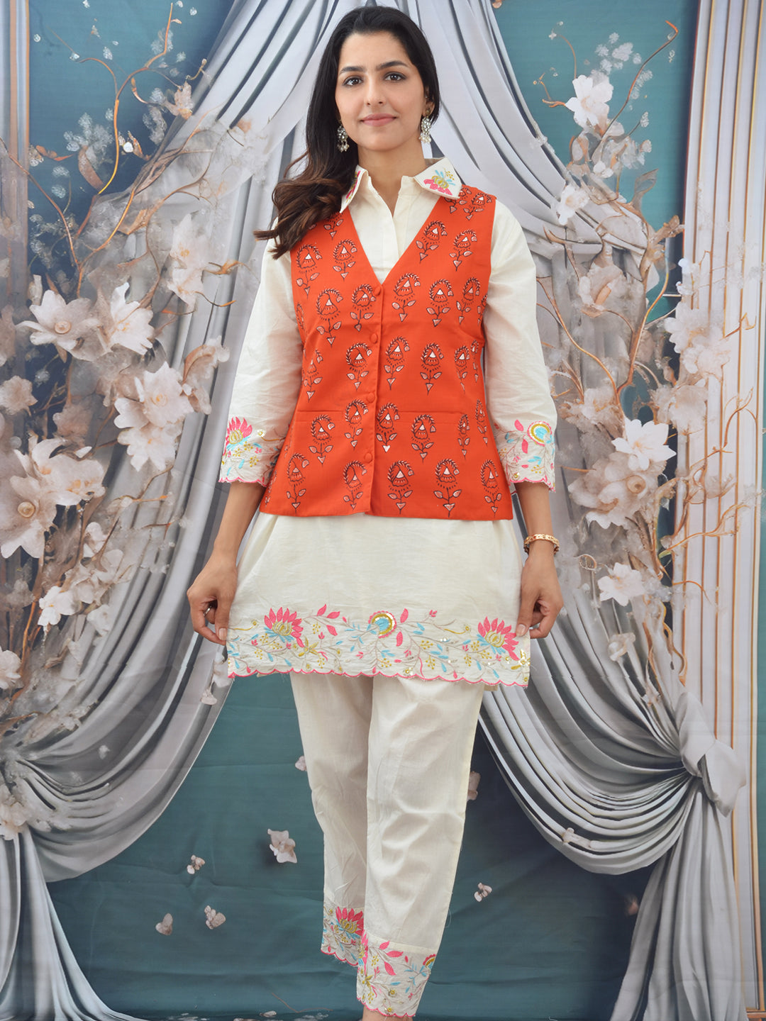 Hand-Painted Orange Madhubani Cotton Waistcoat for Women