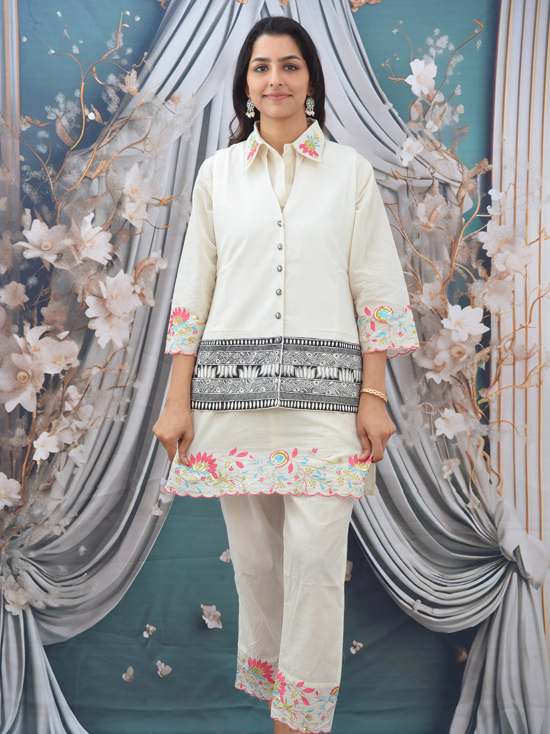 White Madhubani Hand Painted Cotton Woman’s Waistcoat