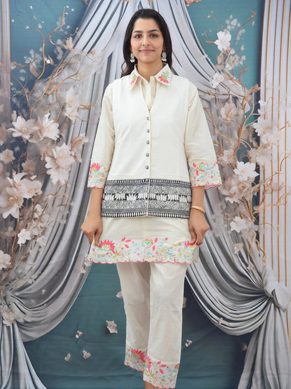 White Madhubani Hand Painted Cotton Woman’s Waistcoat