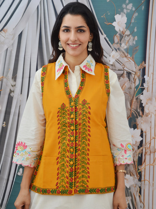 Hand-Painted Mustard Madhubani Cotton Waistcoat for Women