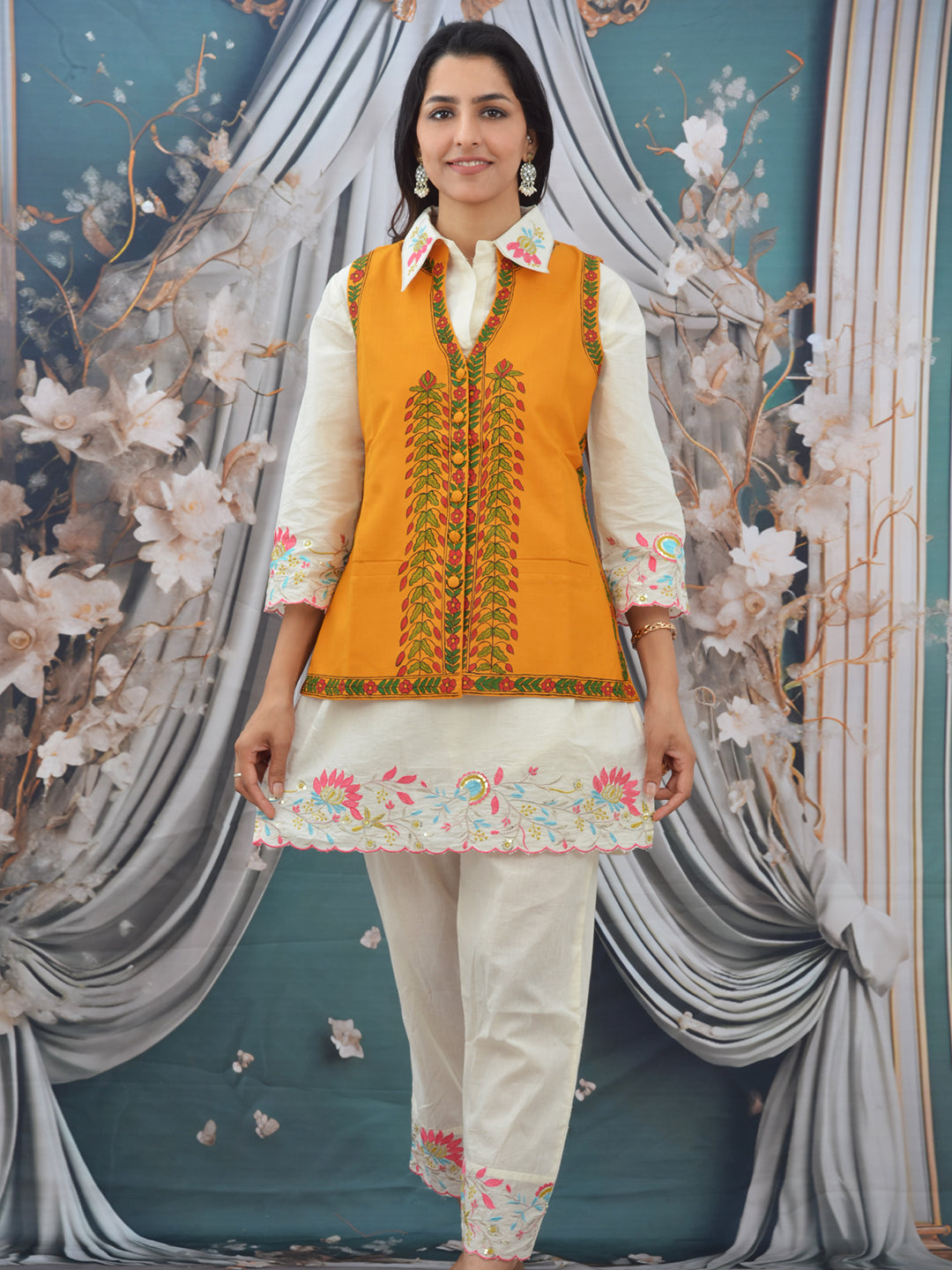 Hand-Painted Mustard Madhubani Cotton Waistcoat for Women