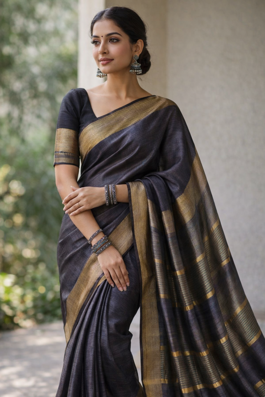 Dark Grey Staple Body Saree with Ghicha Silk Pallu