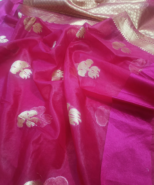 Dark Pink Kora Silk Organza Saree