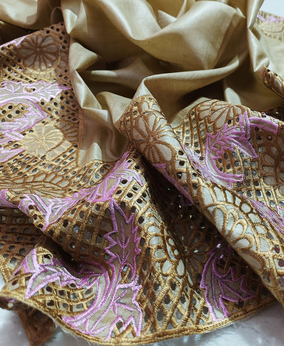 Natural Hand Cutwork Tussar Silk Saree