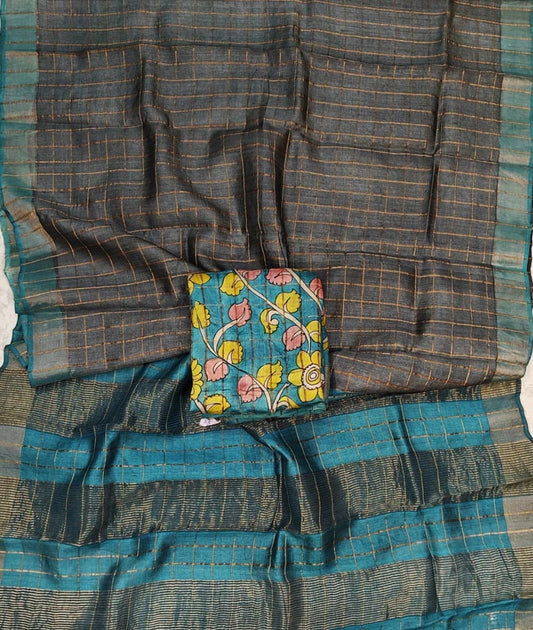 Dark Grey and Firozi Bishnupuri Checked Zari Tussar Silk Saree |Peepal Clothing