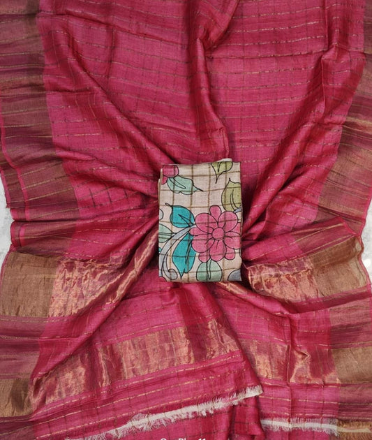 Dark Pink Bishnupuri Checked Zari Tussar Silk Saree |Peepal Clothing