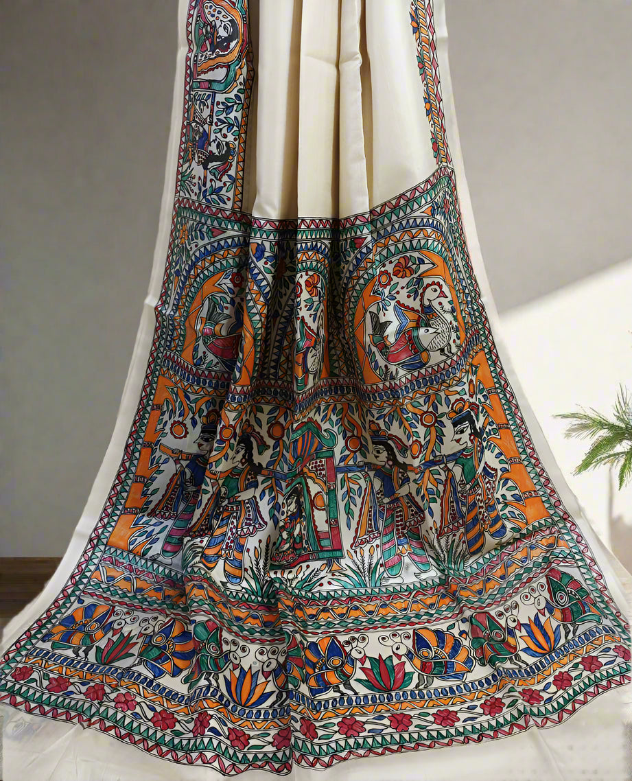 Doli Kahar Madhubani Hand Painted Tussar Silk Saree | Peepal Clothing