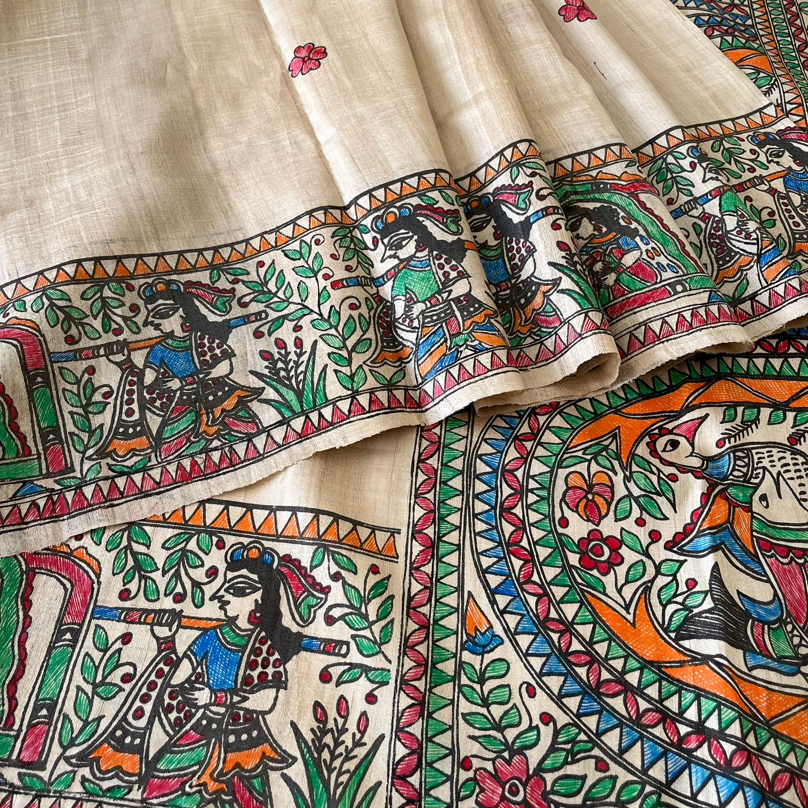 Handpainted Madhubani painting linnen saree! | Saree, Hand painted sarees, Saree  painting designs