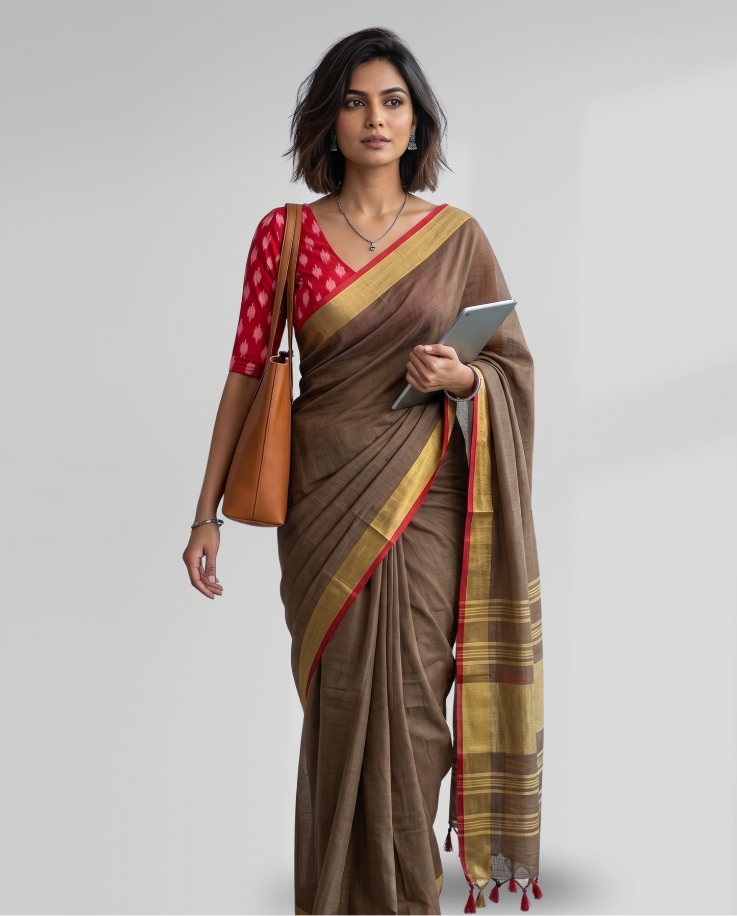 Earthy Brown Cotton Slub Saree with Golden Striped Pallu and Red Contrast Border