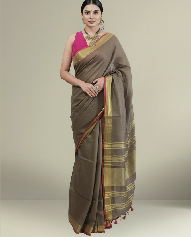 Earthy Brown Cotton Slub Saree with Golden Striped Pallu and Red Contrast Border