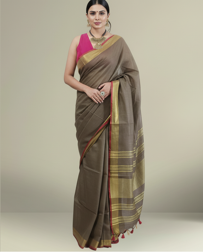 Earthy Brown Cotton Slub Saree with Golden Striped Pallu and Red Contrast Border