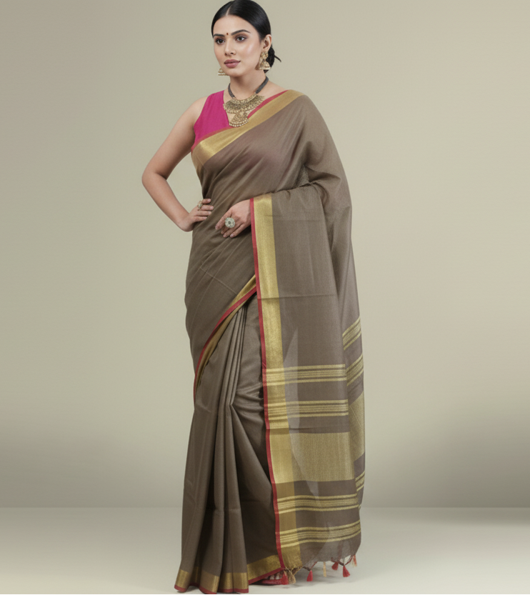 Earthy Brown Cotton Slub Saree with Golden Striped Pallu and Red Contrast Border