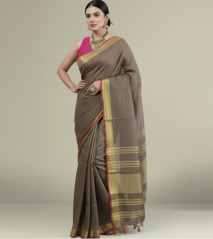Earthy Brown Cotton Slub Saree with Golden Striped Pallu and Red Contrast Border