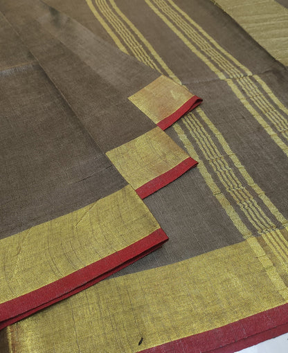Earthy Brown Cotton Slub Saree with Golden Striped Pallu and Red Contrast Border