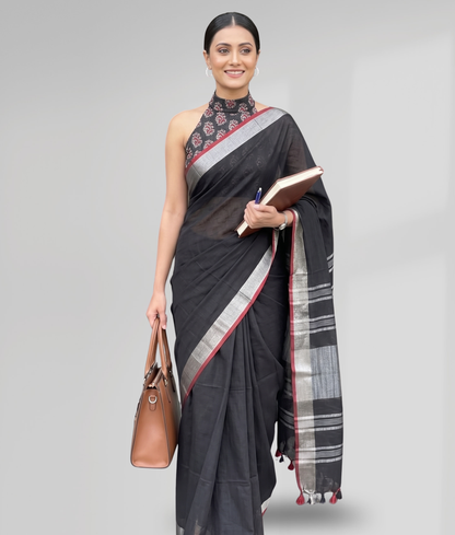 Elegant Black Cotton Slub Saree with Silver Striped Pallu & Red Contrast Border