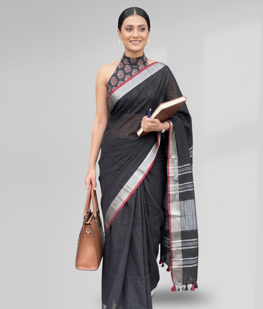Elegant Black Cotton Slub Saree with Silver Striped Pallu & Red Contrast Border