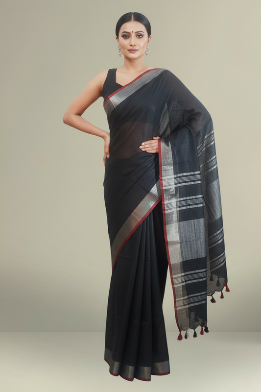 Elegant Black Cotton Slub Saree with Silver Striped Pallu & Red Contrast Border