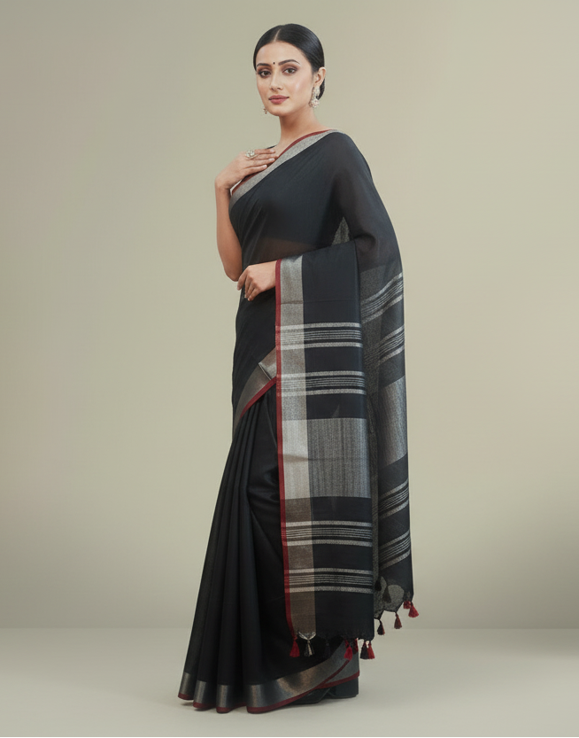 Elegant Black Cotton Slub Saree with Silver Striped Pallu & Red Contrast Border