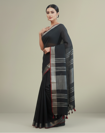 Elegant Black Cotton Slub Saree with Silver Striped Pallu & Red Contrast Border