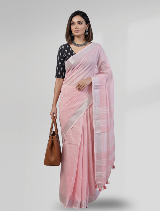 Elegant Blush Pink Cotton Slub Saree with Silver Zari Border and Decorative Tassels
