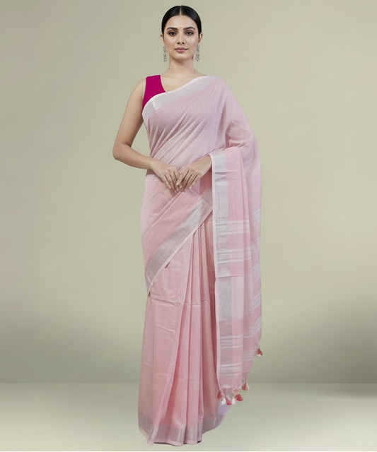 Elegant Blush Pink Cotton Slub Saree with Silver Zari Border and Decorative Tassels