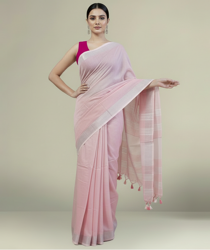 Elegant Blush Pink Cotton Slub Saree with Silver Zari Border and Decorative Tassels