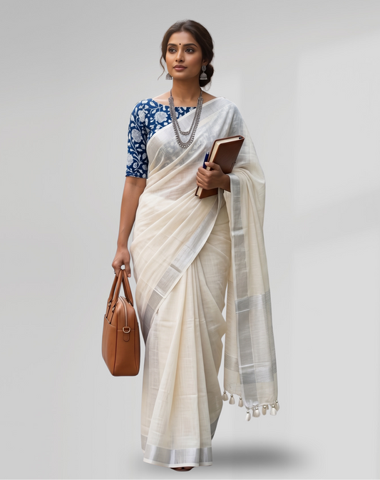 Elegant Off-White Cotton Slub Saree with Silver Zari Border and Pearl-White Tassels