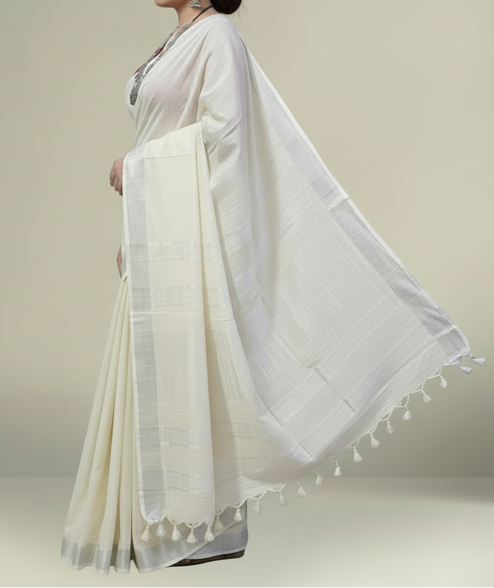 Elegant Off-White Cotton Slub Saree with Silver Zari Border and Pearl-White Tassels