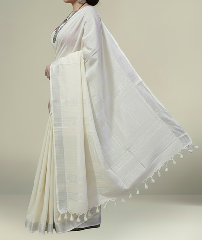 Elegant Off-White Cotton Slub Saree with Silver Zari Border and Pearl-White Tassels