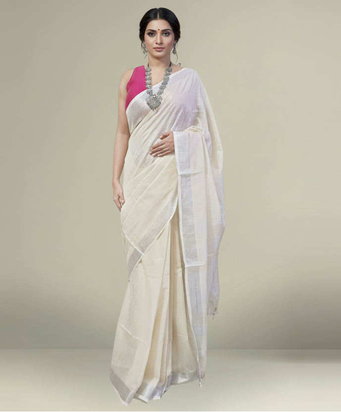 Elegant Off-White Cotton Slub Saree with Silver Zari Border and Pearl-White Tassels