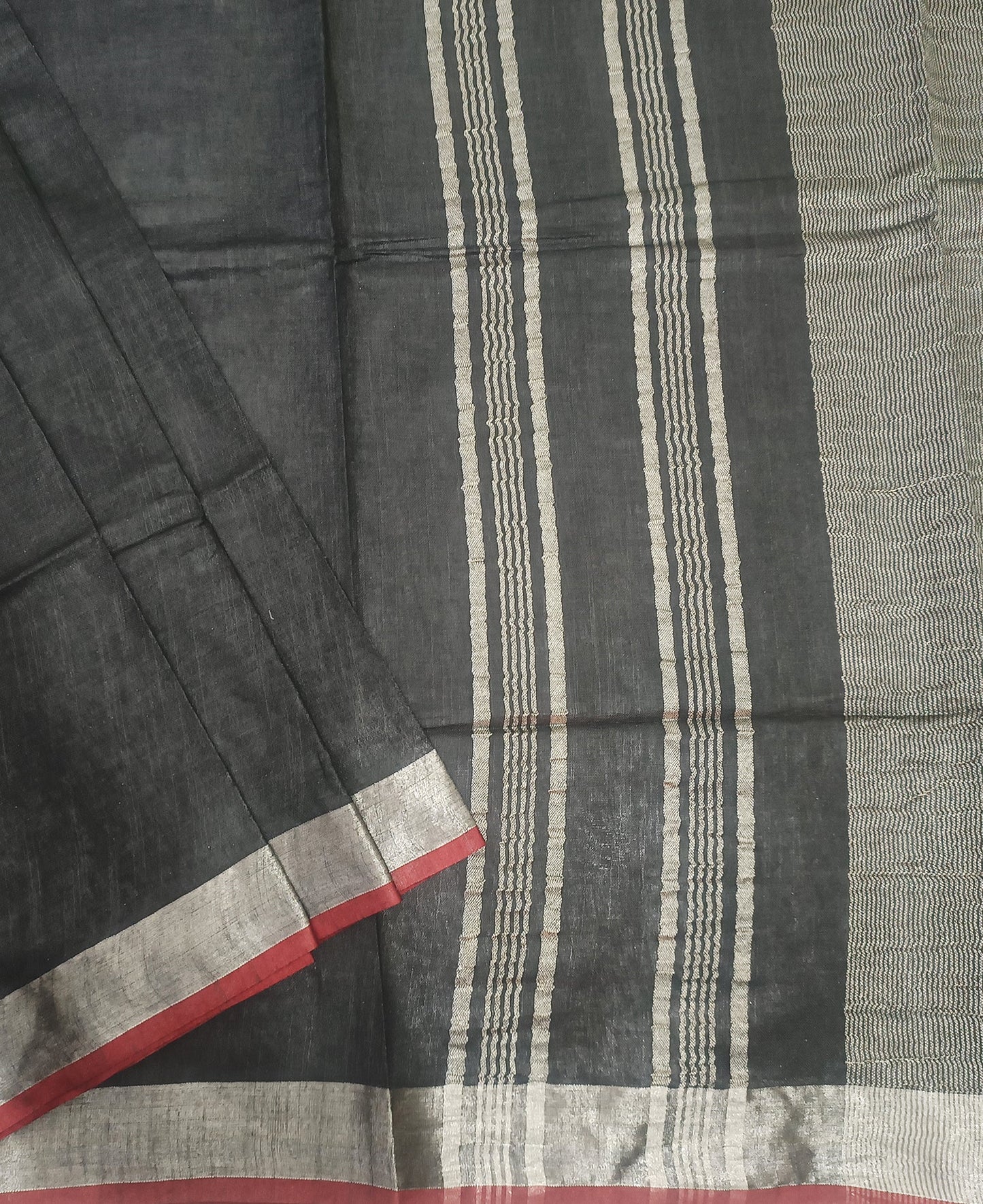 Elegant Black Cotton Slub Saree with Silver Striped Pallu & Red Contrast Border