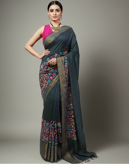 Embroidered Border Tussar Munga Silk Saree
