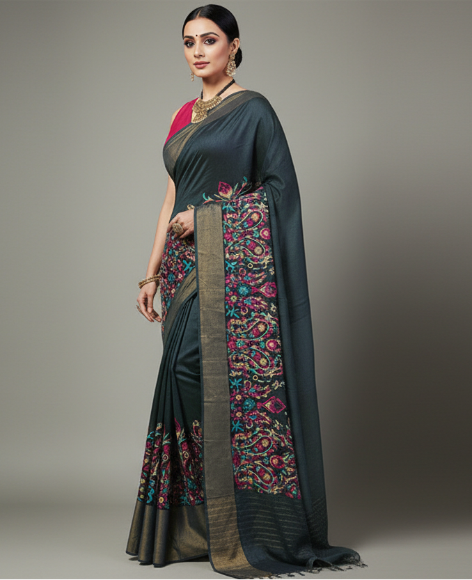Embroidered Border Tussar Munga Silk Saree