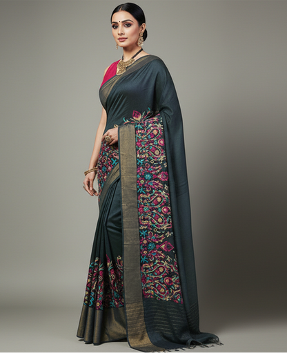 Embroidered Border Tussar Munga Silk Saree