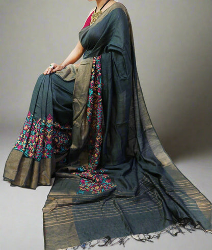 Embroidered Border Tussar Munga Silk Saree