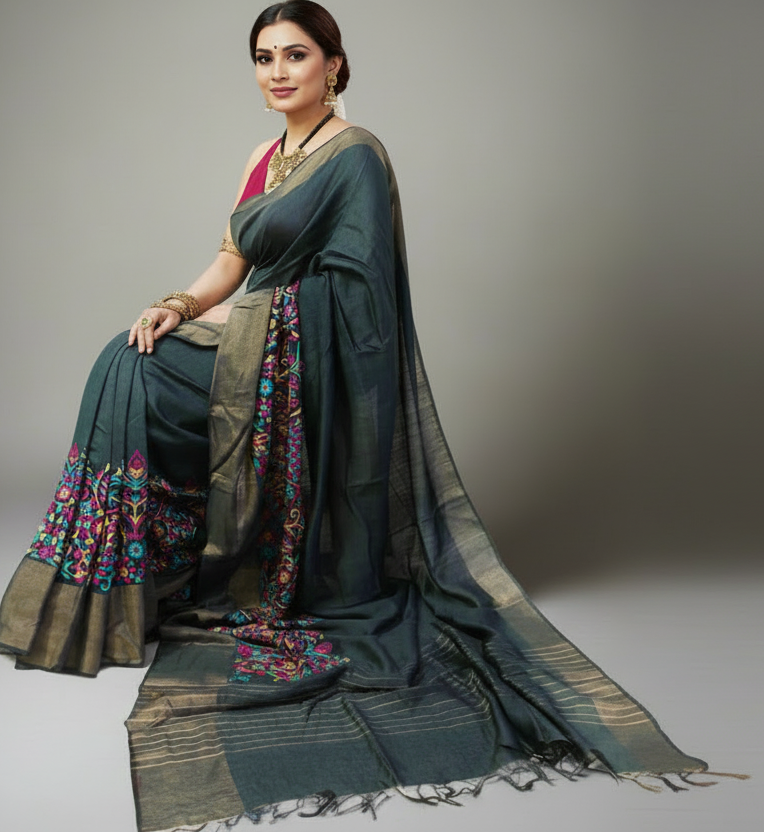 Embroidered Border Tussar Munga Silk Saree