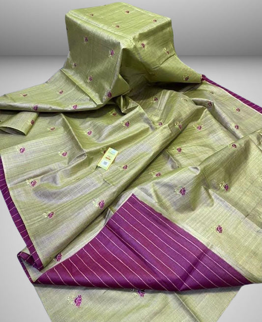 Embroidered Pastel Green Tussar Silk Saree with Wine Purple Running Blouse