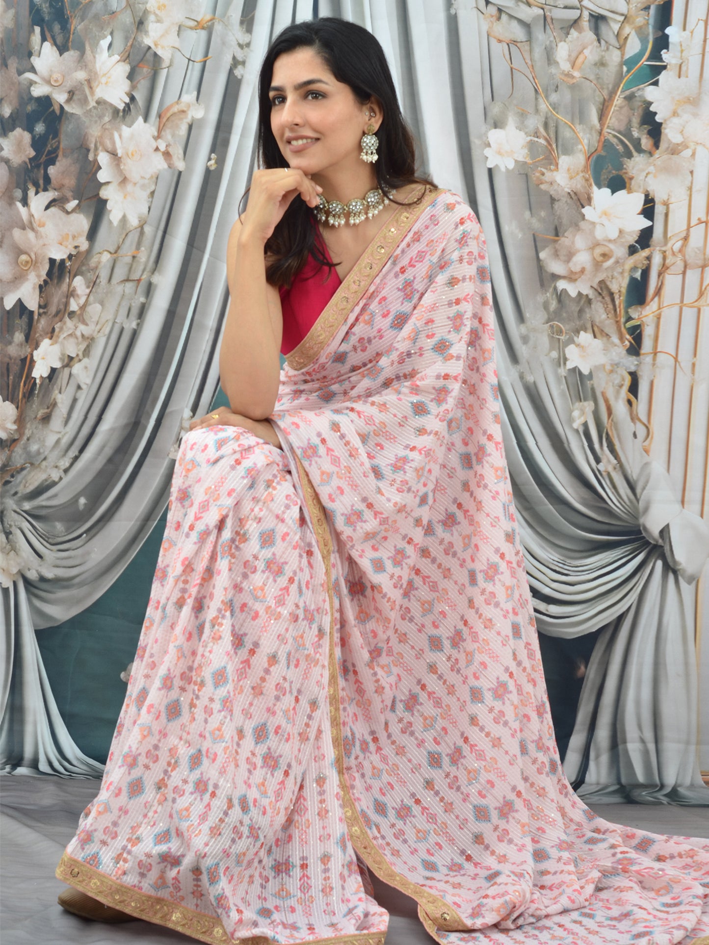 Embroidered Pink Georgette Saree