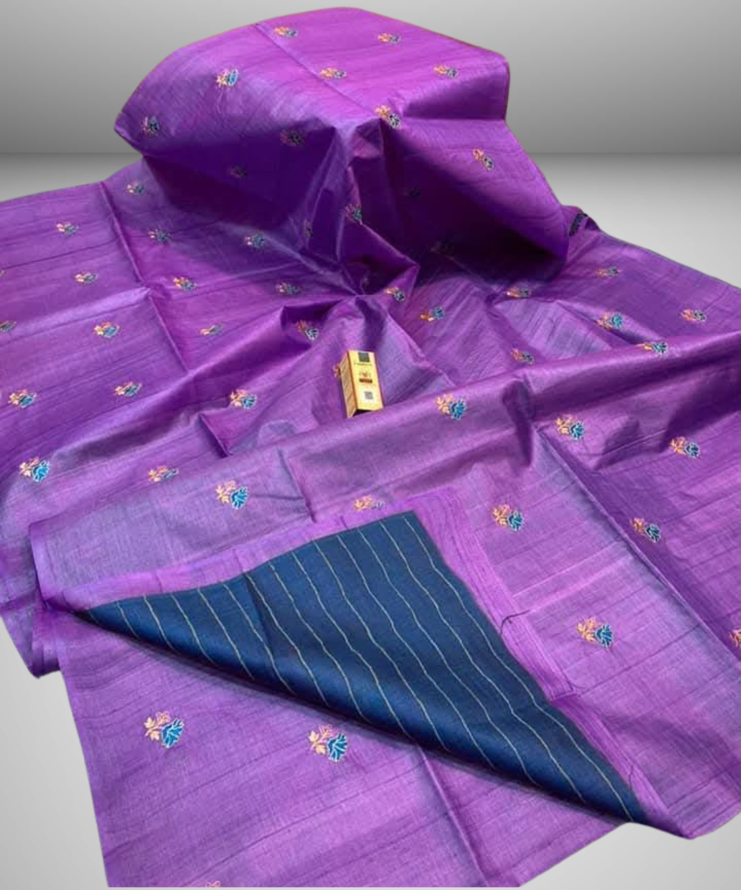 Embroidered Violet Purple Desi Tussar Silk Saree with Navy Blue Running Blouse