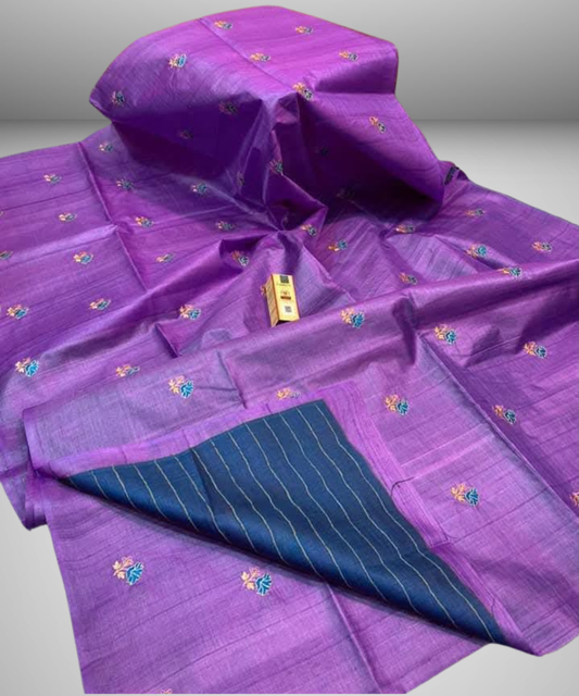 Embroidered Violet Purple Desi Tussar Silk Saree with Navy Blue Running Blouse