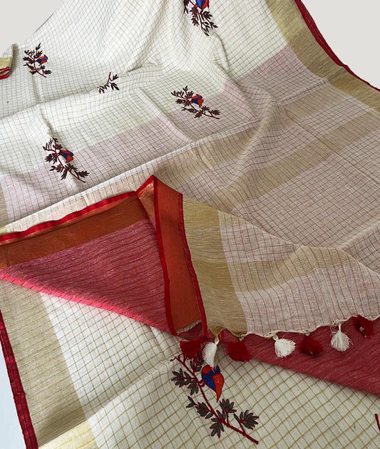 Embroidered Check Linen Saree | Peepal Clothing