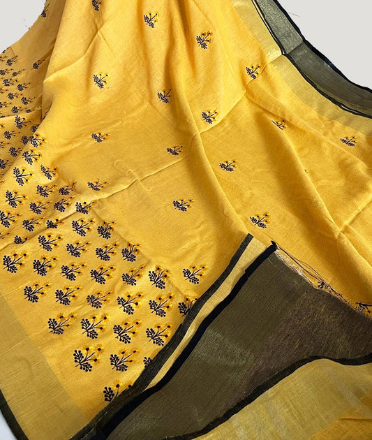 Embroidered Mustard Linen Saree | Peepal Clothing