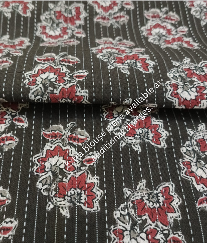 Elegant Black Cotton Slub Saree with Silver Striped Pallu & Red Contrast Border