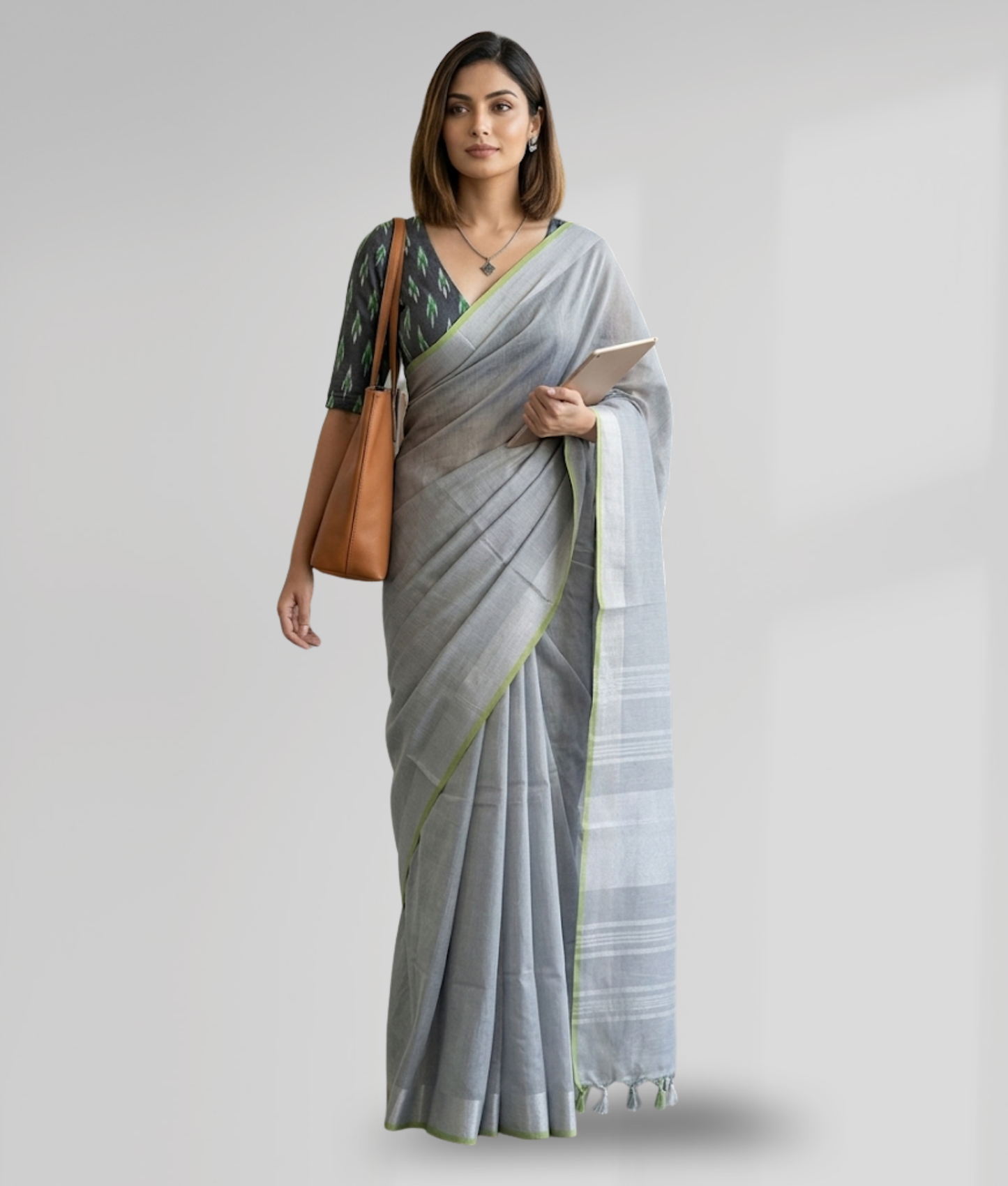Chic Grey Cotton Slub Saree with Lime Green Contrast Border & Silver Striped Pallu
