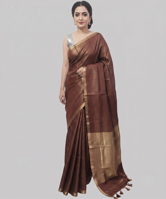 Brown Kota Viscose Silk Saree with Tissue Pallu
