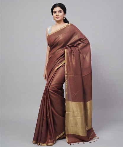 Brown Kota Viscose Silk Saree with Tissue Pallu