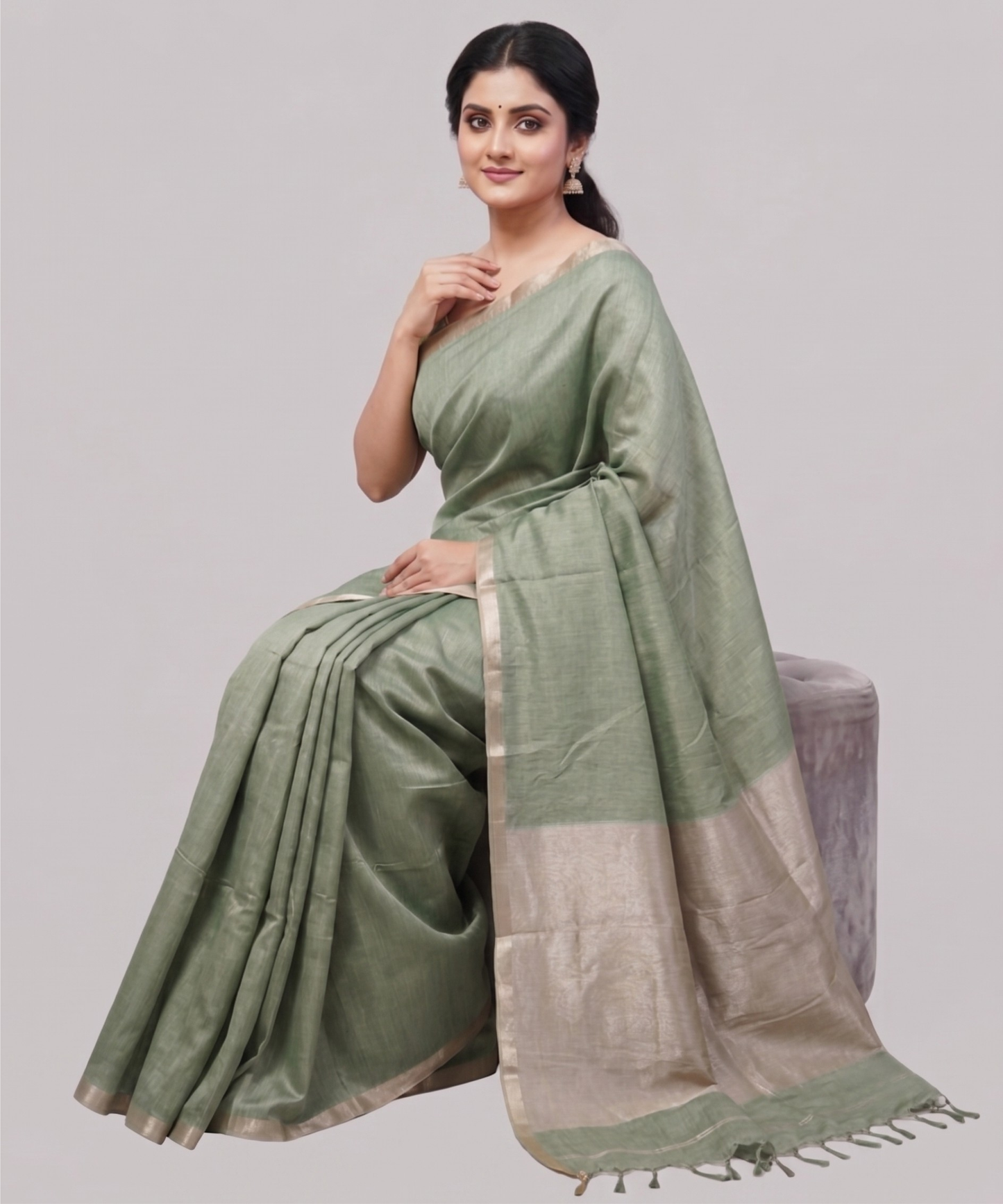 Sage Green Kota Viscose Silk Saree with Tissue Pallu