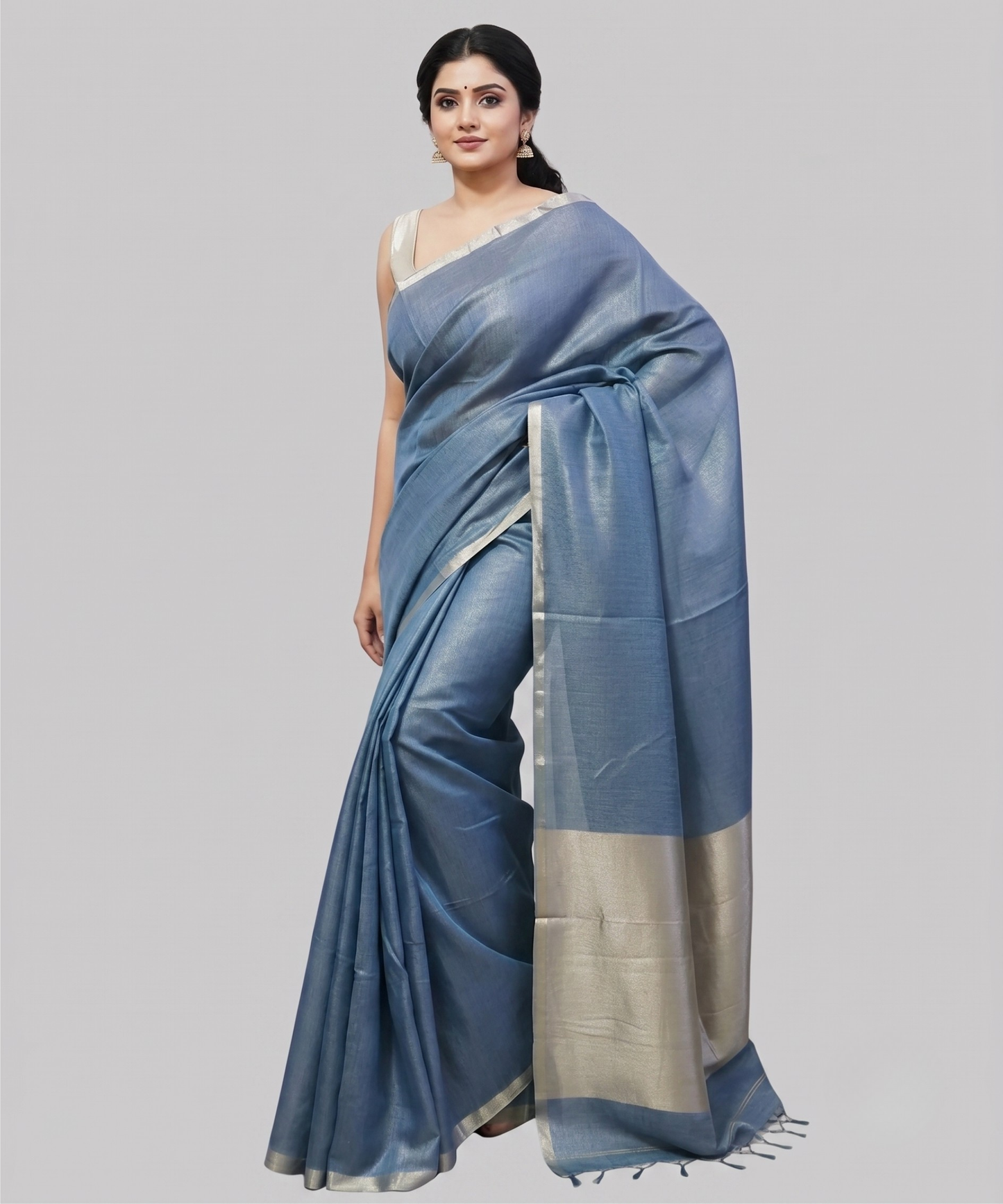 Slate Blue Kota Viscose Silk Saree with Tissue Pallu