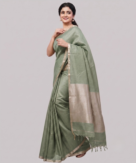 Sage Green Kota Viscose Silk Saree with Tissue Pallu