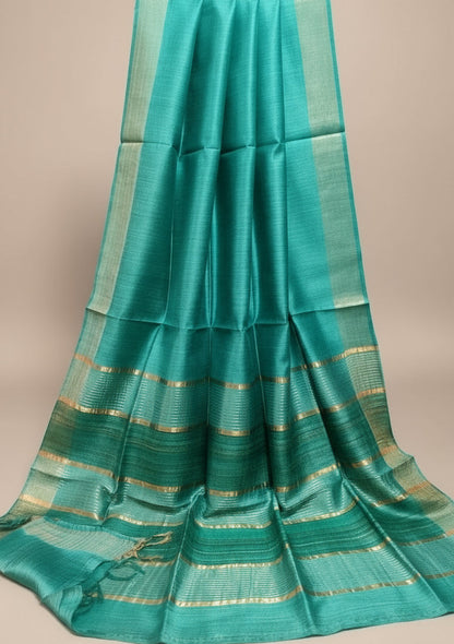 Firozi Staple Body Saree with Ghicha Silk Pallu 